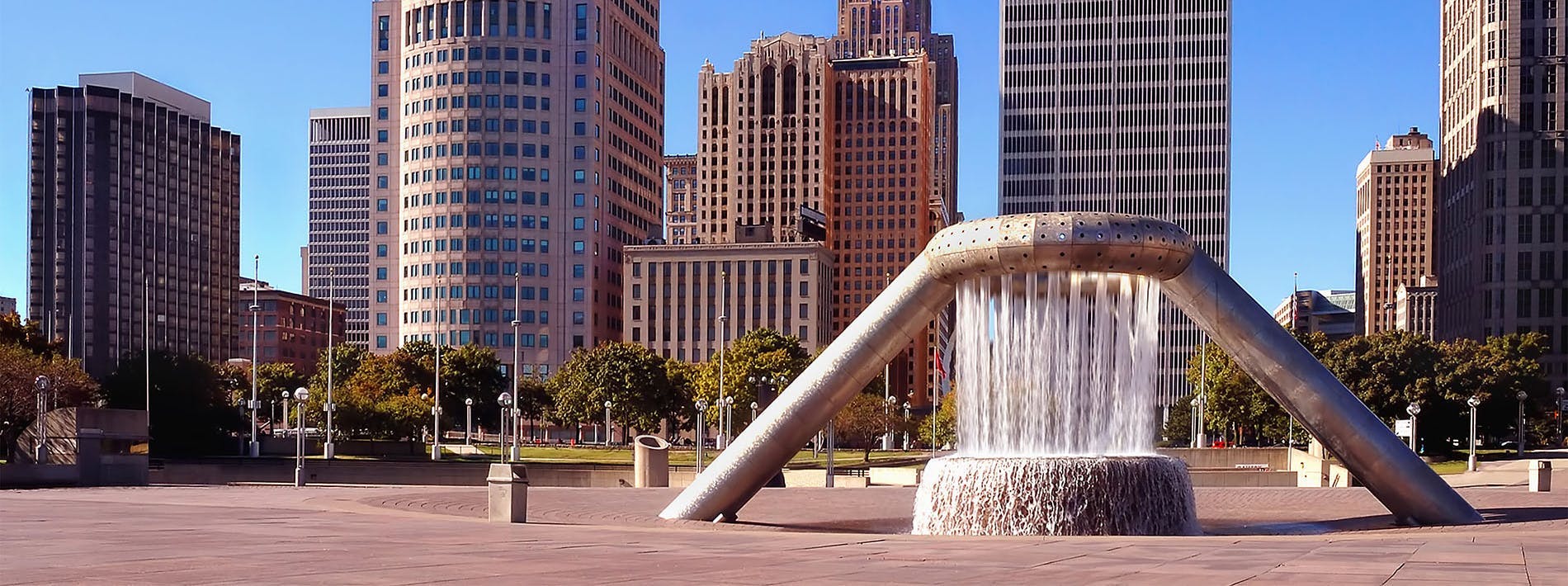 Detroit Downtown City Fountain in Park 
